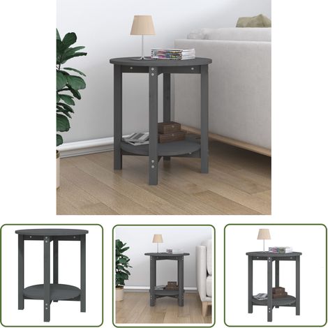 The Living Store Table basse Gris Ø 55x60 cm Bois massif de pin - Table Basse - Meuble Salon - Table D'appoint - Table Ronde - Bois Massif (1/5)