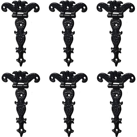6 charnières décoratives classiques en T, charnières en T-sangle en alliage de zinc robustes de 8,1 cm pour porte de hangar antique avec vis (Noir) (1/5)