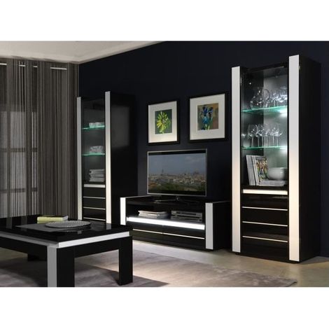 Set LINA in Schwarz und Weiß mit Vitrinen, Couchtisch und TV-Möbel + LED (1/4)