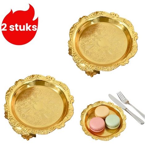 Set di due pezzi: - Alzata per torta - Vassoio in metallo sbalzato - Piatto decorativo - Portatazze vintage - Vassoio portagioie - Piatto per merendine - Posate (1/5)