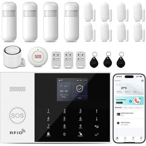 2G Alarme Maison sans Fil, WiFi Système de Sécurité Maison avec 120DB Sirène, Contrôle APP, 21 Pièces: Détecteur de Mouvement, Télécommandes, Capteurs de Porte et Fenêtre, Carte RFID