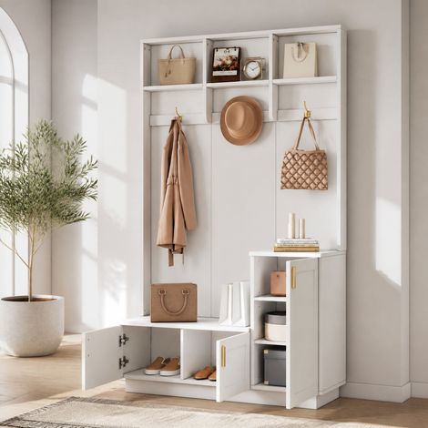 Guardaroba da ingresso con panca e portascarpe, 3 ganci, 120 x 40 x 200 cm, bianco DESVIAE (1/5)