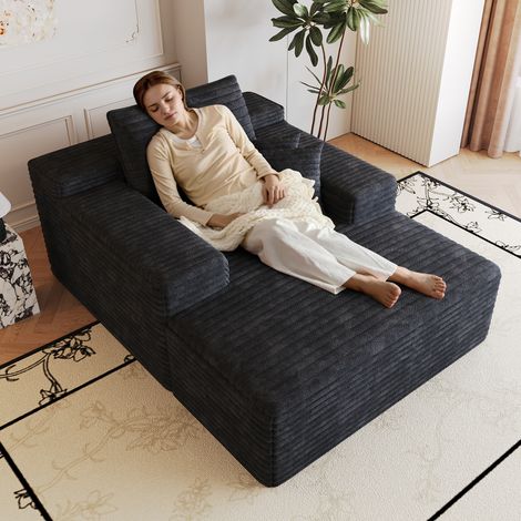 Canapé Convertible 1 places en velours côtelé noir, Canapé d'Angle Moderne ouverture express avec chaiselongue, assise profonde, boneless modulaire, montage non requis, sans armature (1/5)