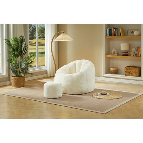 Poltrona Sacco Crema con Poggiapiedi in Tessuto Morbido Effetto Pelliccia, 105x105x70 cm, Senza Montaggio (1/5)