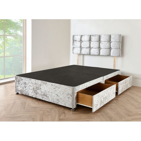 5FT Silver crushed velvet Divan Bed with no mattress, Cube hb and 4 drawers