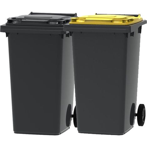 ESE France Lot de 2 Conteneurs Poubelles à déchets 2 roues - 240L - 100% Recyclé - Gris avec Couvercle Gris et Jaune - Fabriqué en France (1/5)