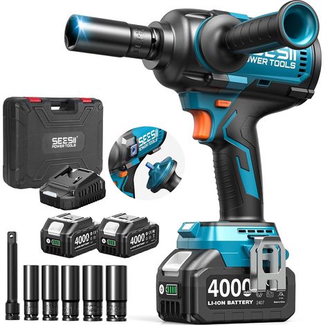 1/2" 1600N·m 21V High Power Cordless Impact Wrench with Detachable Handle, Impact Driver 2× 4.0Ah Batteries for Car, Pickup, Lawn Mower and Industrial Work (1/5)