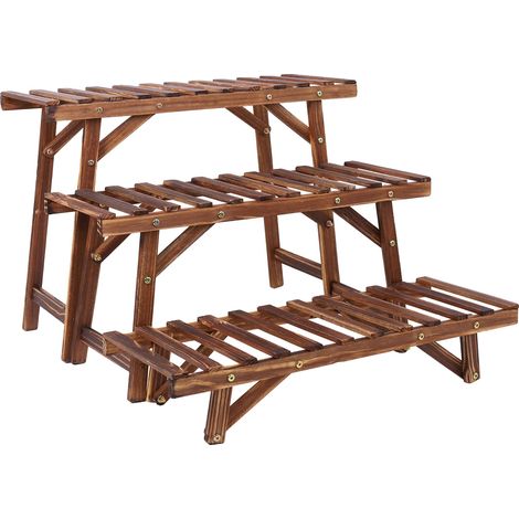 Soporte para plantas de 3 niveles, fabricado en madera resistente, color marrón oscuro. (1/2)