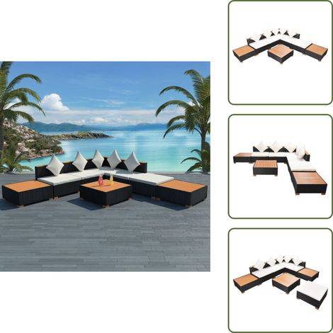 The Living Store Set Divani da Giardino 8 pz con Cuscini in Polyrattan Nero - Divano in rattan