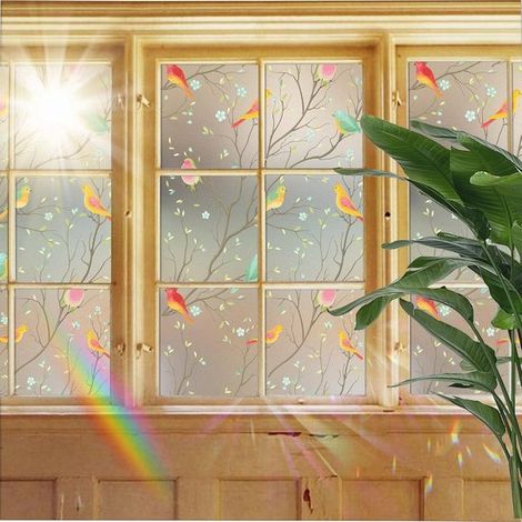 Film de verre dépoli occultant adhésif – Sans colle, pose statique facile – 45 x 200 cm – Protecteur d'écran pour fenêtre et salle de bain – Motif branche et oiseau (1/5)