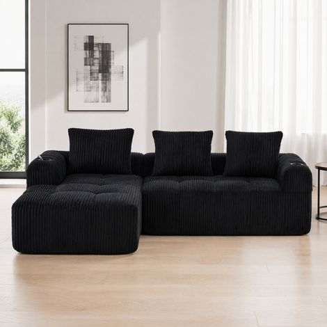 Divano angolare modulare in velluto a coste, 253 x 158 x 61 cm, nero, 3 cuscini DESVIAE (1/5)