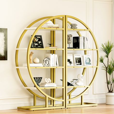 REDOM Libreria 120x30x130 cm, modulare in 2 pezzi, design a semicerchio, 4 ripiani, MDF e acciaio oro e bianco
