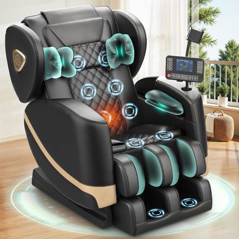 Fauteuil de massage avec 14 rouleaux, 8 coussins d'air et fonction zéro gravité – haut-parleur Bluetooth, écran tactile, support pour téléphone, chauffage lombaire et des jambes, noir
