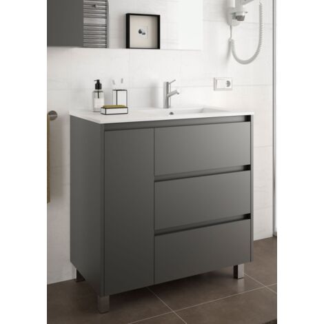 Mobile bagno a terra 85 cm 3 cassetti e 1 anta in legno nero satinato con lavabo ad incasso - Nova - Con colonna - Accessorio: Con colonna (1/5)