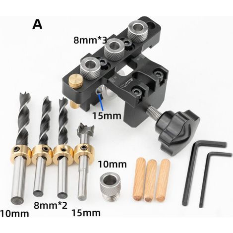 3-in-1-Bohrführung für Holz – Positionierungslehre + Aluminium-Stanze (8–15 mm) – verstellbares Tischlerwerkzeug (1/4)