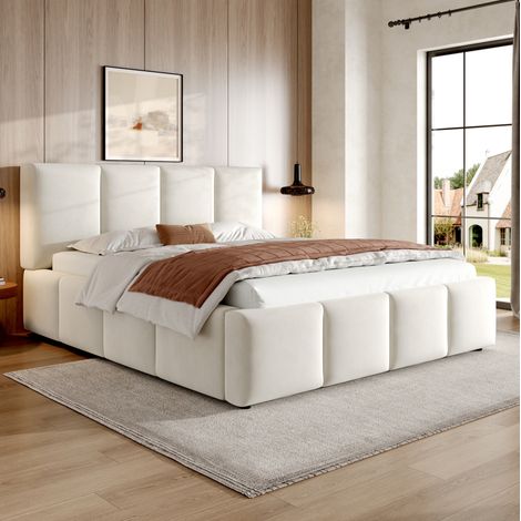 Lit adulte 180x200 avec tête de lit chenille beige HAVRYA (1/5)