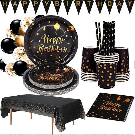 Ensemble de 142 pièces de vaisselle de fête noire et dorée avec couverts à pois dorés, comprenant des assiettes en papier noires, des serviettes, des gobelets en papier et des fourchettes et couverts (1/5)