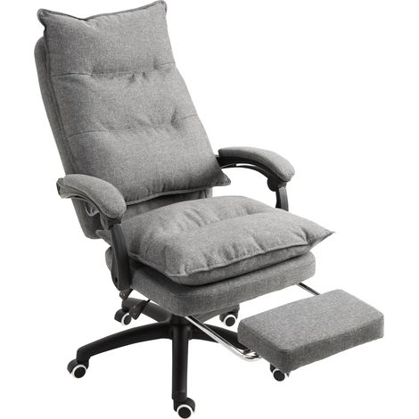 Fauteuil de bureau massant ergonomique - dossier inclinable, hauteur réglable, repose-pied intégré, télécommande filaire, pivotant 360°, toile de lin gris (1/5)