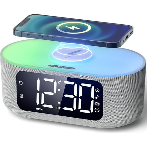 Radio Réveil Bluetooth avec Chargement sans Fil Qi 15W, Réveil Connecté avec Écran LED et 5 Luminosités Réglage, Auto Dimmer, 2 Alarms, Mode Week-End, Sommeil Sonore, Affichage Semaine (1/5)