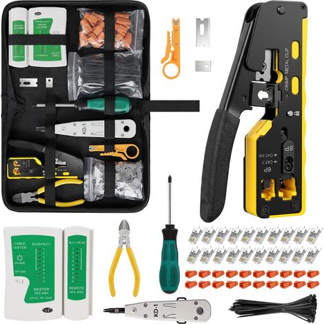 Network Tool Kit, RJ45 Crimping Pliers with 20 RJ45 Cat7/Cat6a Pass Through, Network Tester, Wire Stripper, Repair Tools RJ45/RJ11/RJ12 (1/5)
