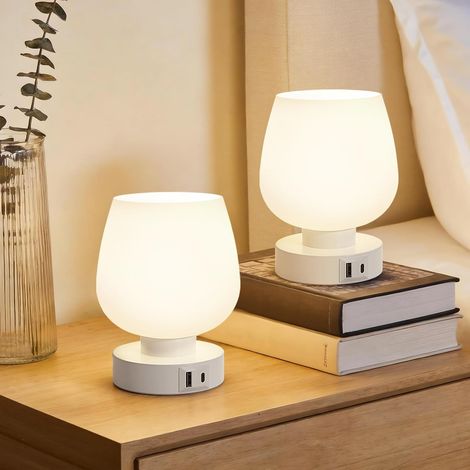 2 Pack Touch Bedside Lamp with USB-A+C Charging Ports, Dimmable 3 Ways, White Glass Lampshade, Small Cord Table Lamp for Bedroom Living Room