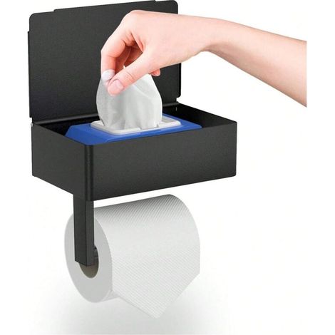 Wandmontierter Toilettenpapierhalter ohne Bohren, mit Ablage und Feuchttuchspender, schwarz, für Bad und Küche