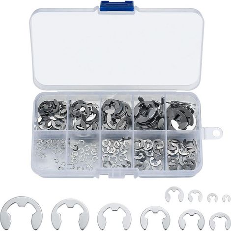 200 Pièces Anneaux de Retenue E-Clip, Rondelles de Blocage en Acier Inoxydable pour Arbres, Kit d'Assortiment de Circlips Internes et Externes, M1.5/M2/M3/M4/M5/M6/M7/M8/M9/M10