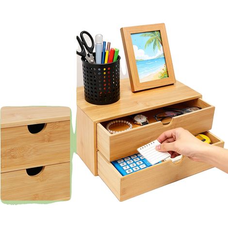 Organizador de escritorio, material de bambú, dos cajones, dimensiones 33x19x16 cm, peso bruto 2,1 kg, diseño minimalista. (1/5)