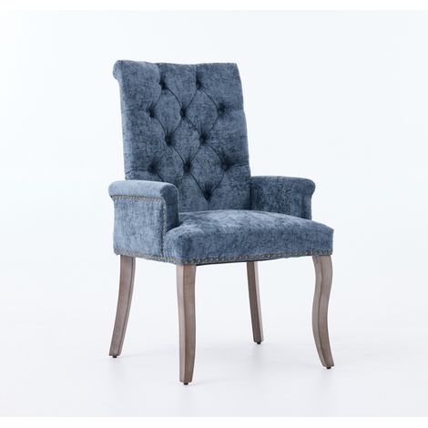 Fauteuil de salle à manger bleu, élégant et rembourré, avec accoudoirs en tissu chenille, piètement en bois massif cintré, style club capitonné, vendu seul, modèle DE1895BL (1/5)