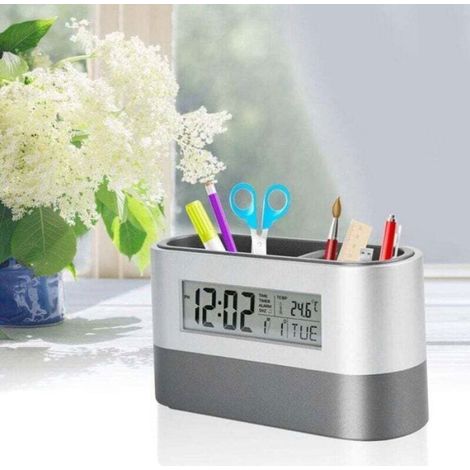 Porte-Stylo Électronique - Horloge LCD - Calendrier Rétroéclairé - Réveil Silencieux - Thermomètre Intégré - Pour Bureau Maison Étude - 1 Pièce (1/4)