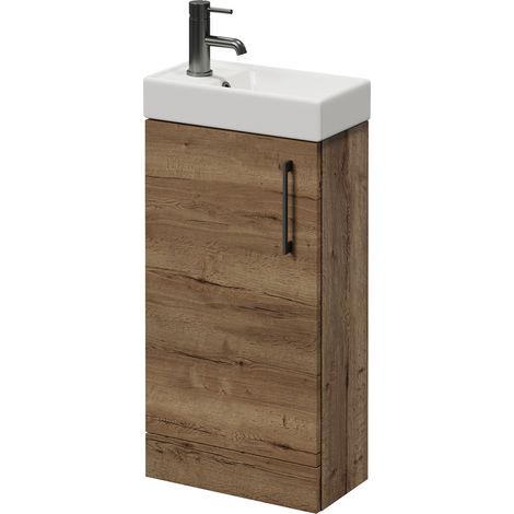 Napoli Cube Tobacco Oak 400mm Single Door Vanity Unit with Align Basin - 400mm - Gunmetal Grey 160mm Handle