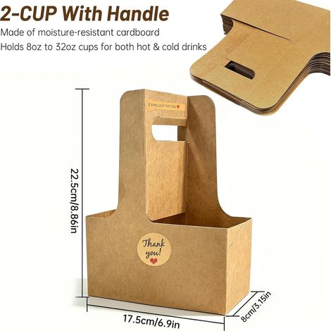 Porte-gobelets 20 pièces avec poignée - pliable - support en carton pour 2 ou 4 gobelets - en carton kraft - transport stable - convient aux boissons chaudes et froides - idéal pour les cafés, les fêt (1/5)