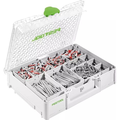 Festool – Boîte de rangement pour outils – Organisateur Systainer avec 682 pièces – Compartiments amovibles pour vis et chevilles – Couvercle transparent