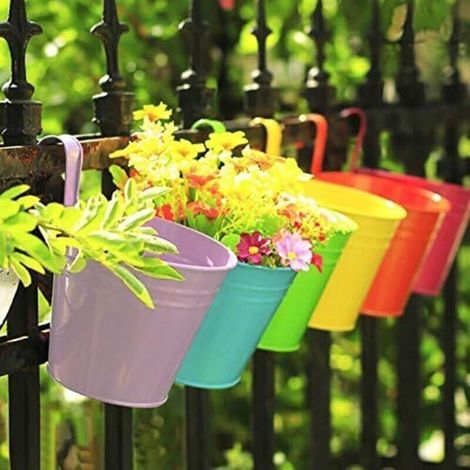 Lot de 10 pots de fleurs suspendus en métal et fer, pour balcon, jardin, clture, 10 cm, avec crochet amovible