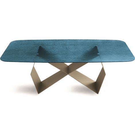 Tavolo fisso 210 cm KARL con base metallo Beige e piano vetro martellato Blu (1/2)