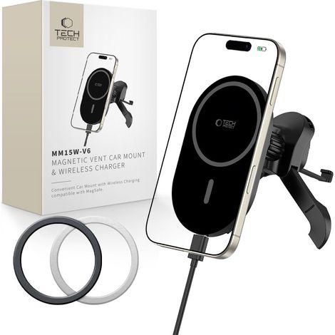 TECH-PROTECT MM15W-V6 SUPPORTO MAGNETICO PER AUTO, STABILE, PER BOCCHETTA VENTOLA, CARICABATTERIE WIRELESS 15W NERO/NERO