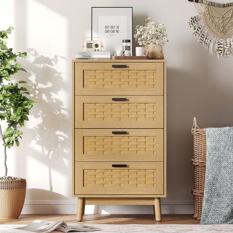 Commode Rotin 95 cm, Commode chambre avec 4 Tiroirs – Pieds en Bois de Caoutchouc et Poignées Noires – Style Campagnard, pour Salon/Chambre - Naturel