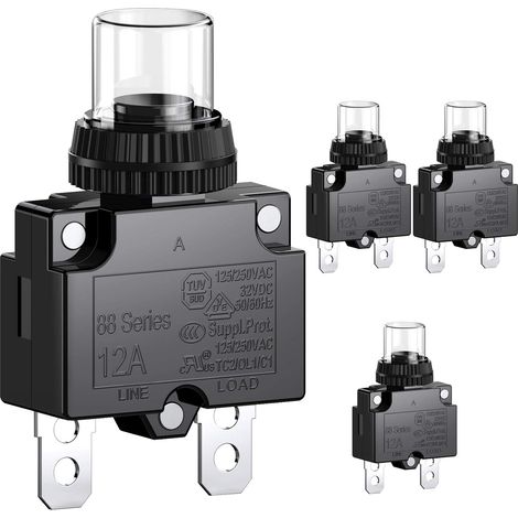 CCYKXA Disjoncteur 12 A avec protection contre les surcharges thermiques, série 88, réarmement manuel par bouton-poussoir, avec bornes à connexion rapide et capuchon étanche, 32 V CC ou 125/250 V CA, (1/3)