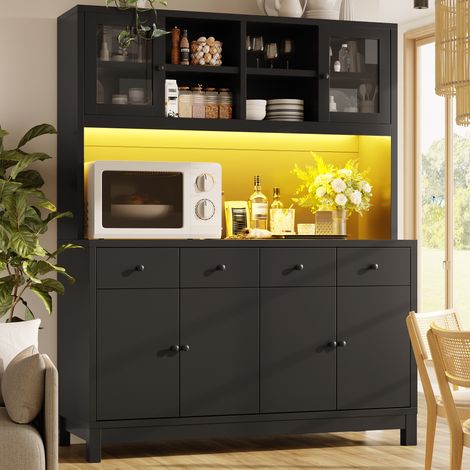 Buffet haut de cuisine 140x38,5x180 cm avec LED RGB APP, portes vitrées, 4 tiroirs, étagères réglables, grand rangement - Noir (1/5)