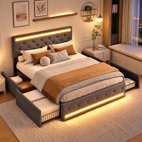 Lit Double 140x200 avec LED et USB, Lit Adulte avec 4 Tiroirs, Cadre Métal et Sommier à lattes, Lin Gris (1/5)