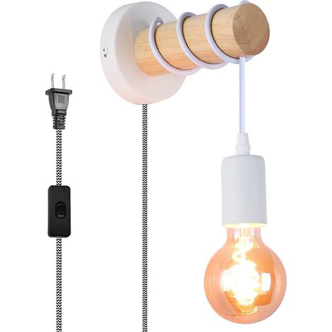 LED Applique Murale Ronde en Bois Naturel avec Douille E26 Blanc Cordon Suspendu Vintage Nordique pour Couloir Chambre Salon [Classe énergétique A] (1/4)