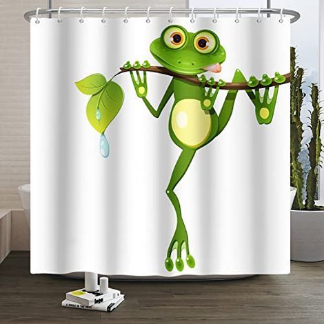180x180cm Mignon Dessin animé Grenouille Rideau de Douche Peu Grenouille sur Arbre Bifurquer Vert Feuilles Été Blanc Rideau de Baignoire pour Enfants Salle Bains Polyester avec Crochets (1/4)