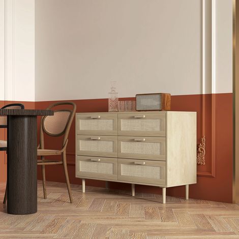 Kommode mit 6 Schubladen und Rattan-Geflecht, Maße 110 x 40 x 75 cm (L x B x H), helle Holzoptik