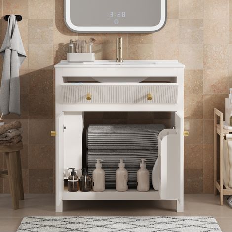 Mueble de lavabo MDF blanco con lavabo cerámico 81x46,5x86,5 cm, 1 compartimento abatible y 1 puerta soft-close (1/5)