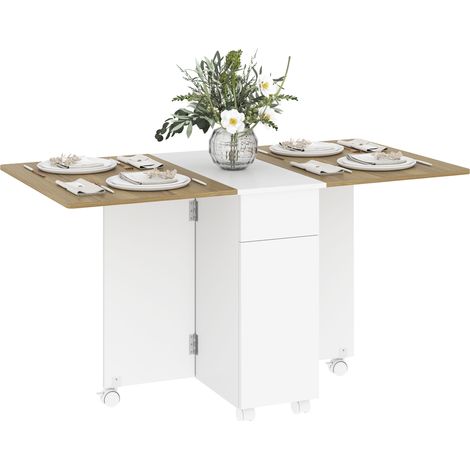 Table à manger pliable pour 6 personnes, table de cuisine sur roulettes avec 2 tiroirs 2 placards, 140x76x74cm, blanc