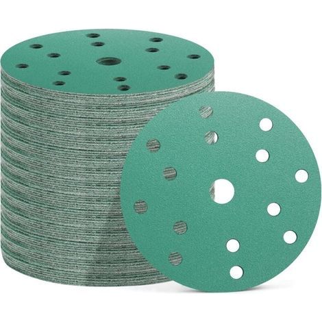 50 Pièces Disques Abrasifs 150 mm, 15 Trous, 10x Grain 60/80/120/180/400, Papier Poncage pour Ponceuse Excentrique (Vert(P60/P80/P120/P180/P400)) (1/4)