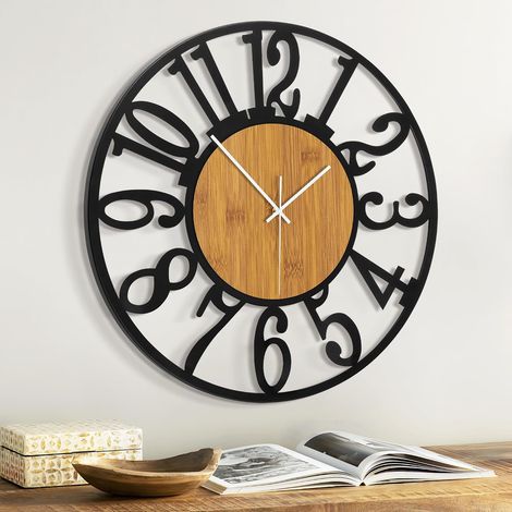 Reloj de pared grande de madera y metal (madera brillante, diseño árabe, 35,6 cm) (1/4)