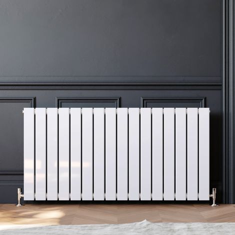 ELEGANT 600x1216mm White Designer Radiator Horizontal Flat Panel Single Panel Radiator with White Thermostatic Radiator Valves (1/5)