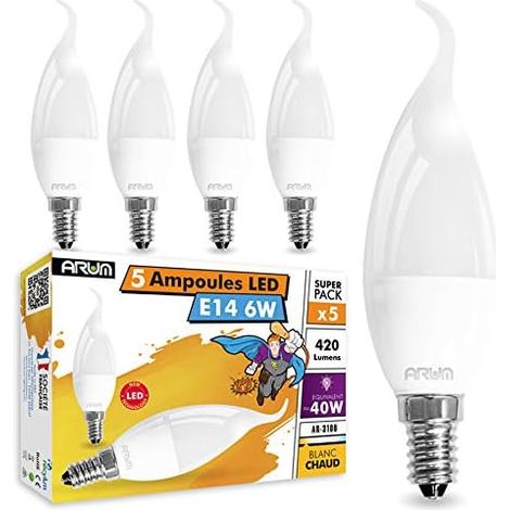 Arum 5er-Pack E14 6W Flammenlampen (entspricht 40W), 420 Lumen, Warmweiß 2700K