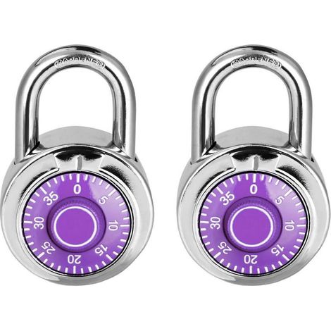 Cadenas rotatif à combinaison compact et sécurisé avec combinaison prédéfinie à 3 chiffres, corps de serrure en métal robuste, violet, lot de 2. (1/5)